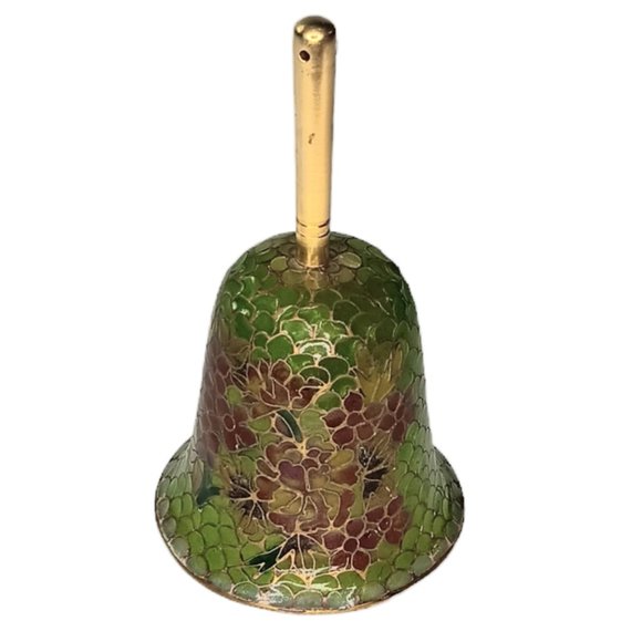 Plique-à-Jour Green Glass Bell Red Flowers Translucent Cloisonne Style - Picture 11 of 11